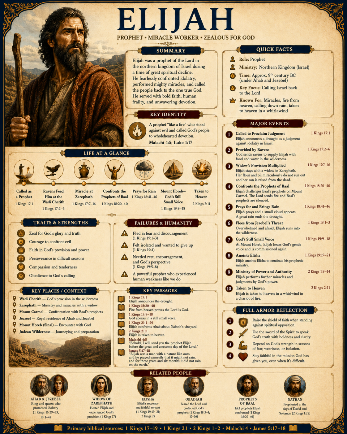 Vertical Elijah Character Profile Overview infographic presenting Elijah's roles, summary, quick facts, timeline, major events, strengths, human weakness, key places, key passages, reflection, related people, and primary biblical sources.