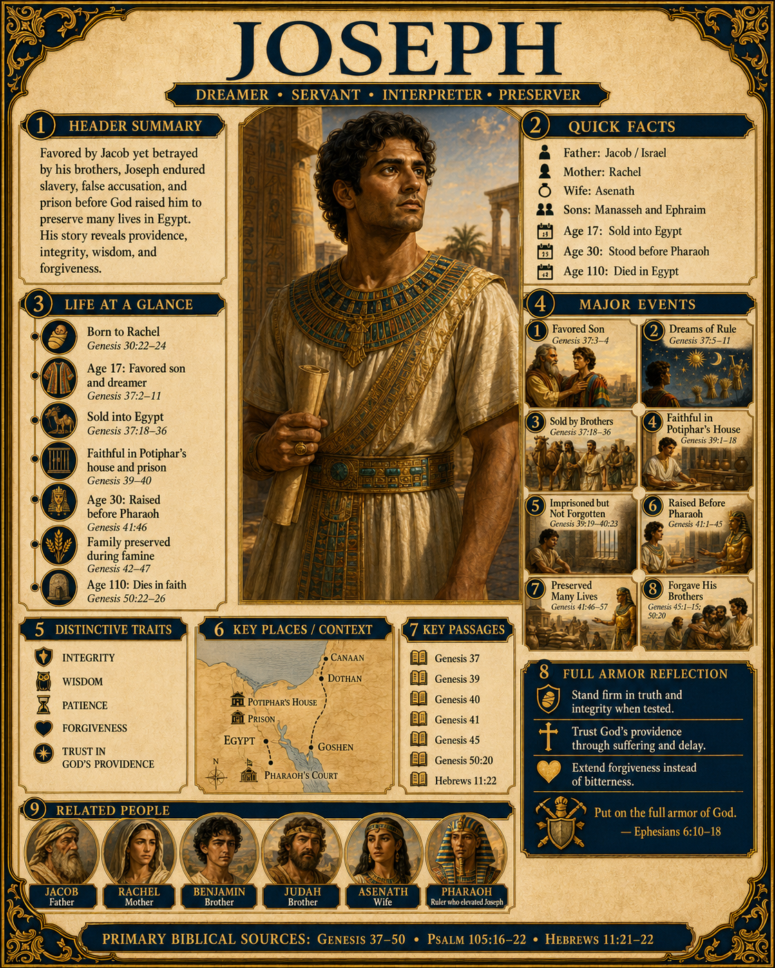 Vertical Joseph Character Profile Overview infographic presenting Joseph's summary, quick facts, life timeline, major events, traits, key places, key passages, reflection, related people, and biblical sources.