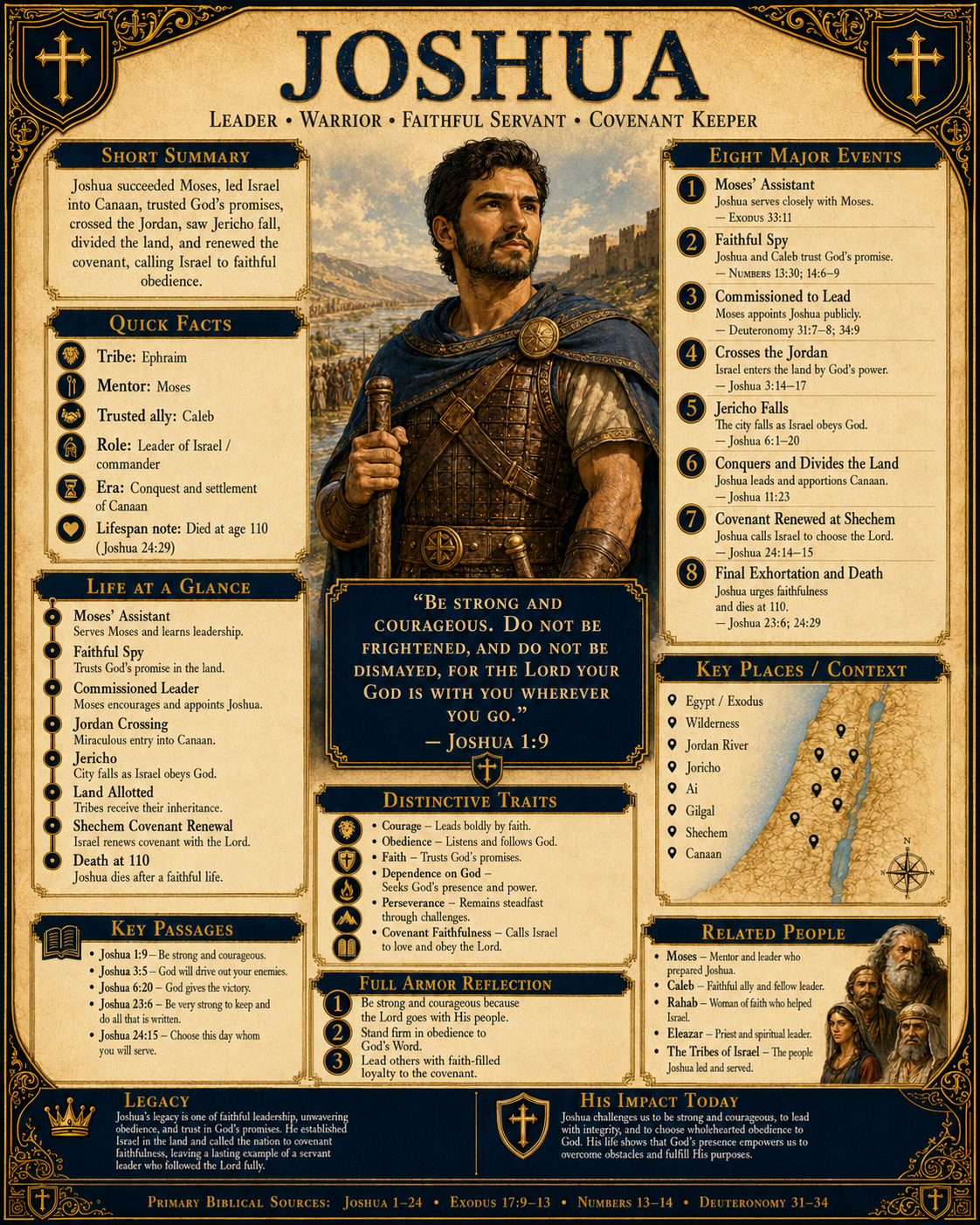 Vertical Joshua Character Profile Overview infographic presenting Joshua's roles as leader, warrior, faithful servant, and covenant keeper, with summary, quick facts, life timeline, major events, distinctive traits, key places, key passages, Full Armor reflection, related people, and primary biblical sources.