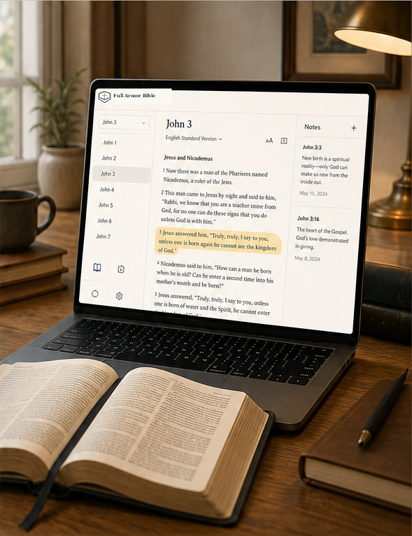 A warm study desk with an open Bible and Full Armor Bible reader open on a laptop.